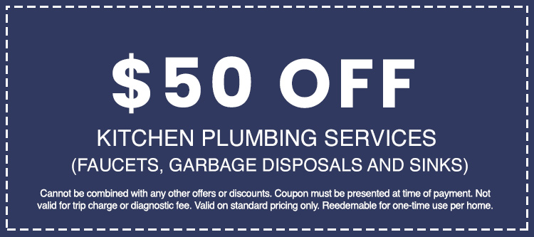  off coupon for kitchen plumbing services including faucets, garbage disposals, and sinks, with terms and conditions for AAA Advanced Plumbing & Drain promotions.