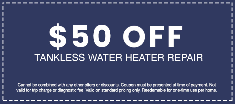  off coupon for tankless water heater repair, detailing terms and conditions for AAA Advanced Plumbing & Drain services.