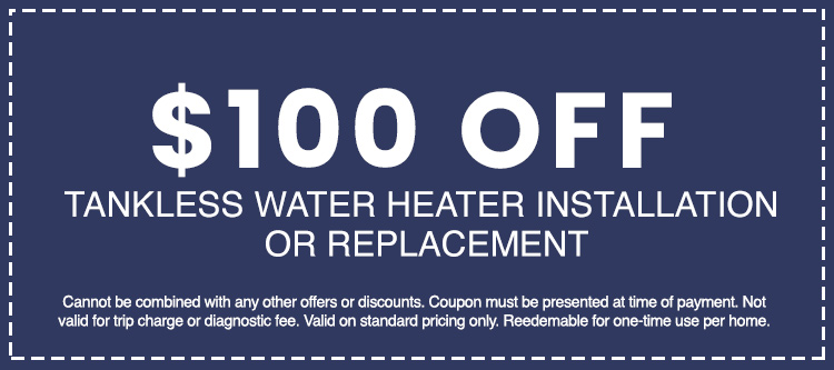 0 off tankless water heater installation or replacement coupon from AAA Advanced Plumbing & Drain, featuring terms and conditions for customer savings.